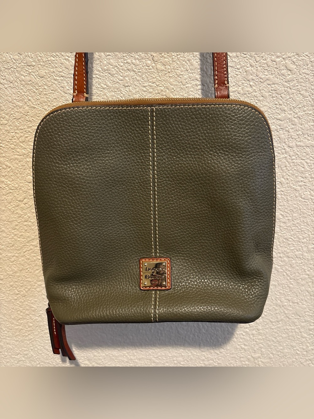 Dooney & Bourke Olive Green Pebbled Leather Crossbody with Tan Trim & Gold Logo